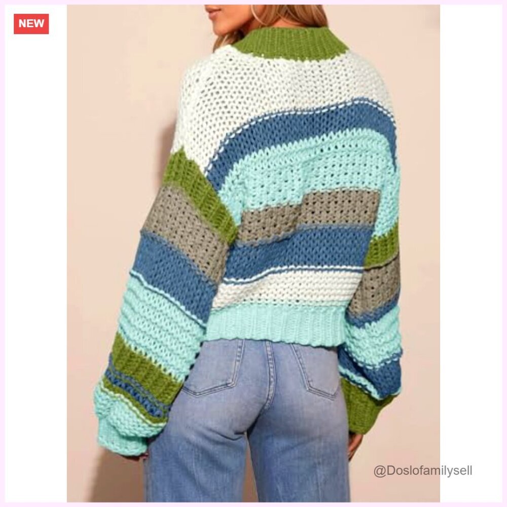 Chunky Knit Cardigan, Oversized Fit, Button Front, Long Sleeve, Striped Sweater - Picture 5 of 7